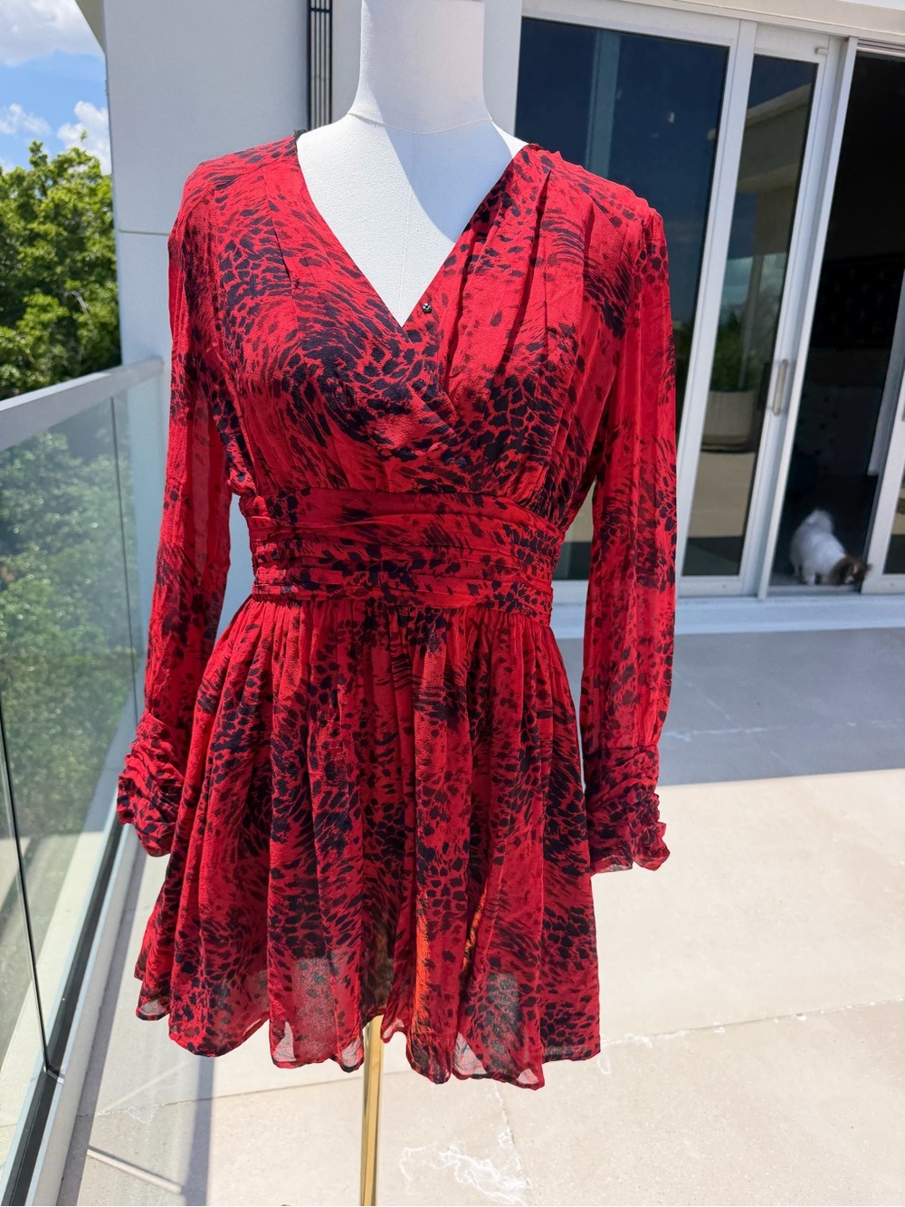 Pierre Balmain Red and Black Printed Long-Sleeve Mini Dress